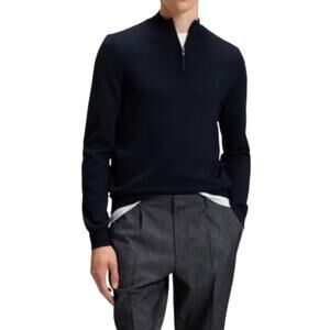 HUGO BOSS Pure Merino Wool Zip Neck Sweater Men S Blue Classic Business Travel
